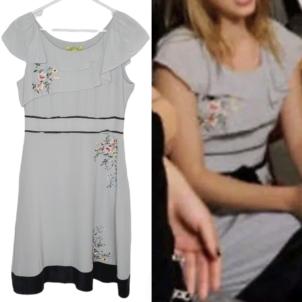 Anthropologie Floreat Silk Ruffle Dress with Floral Embroidery